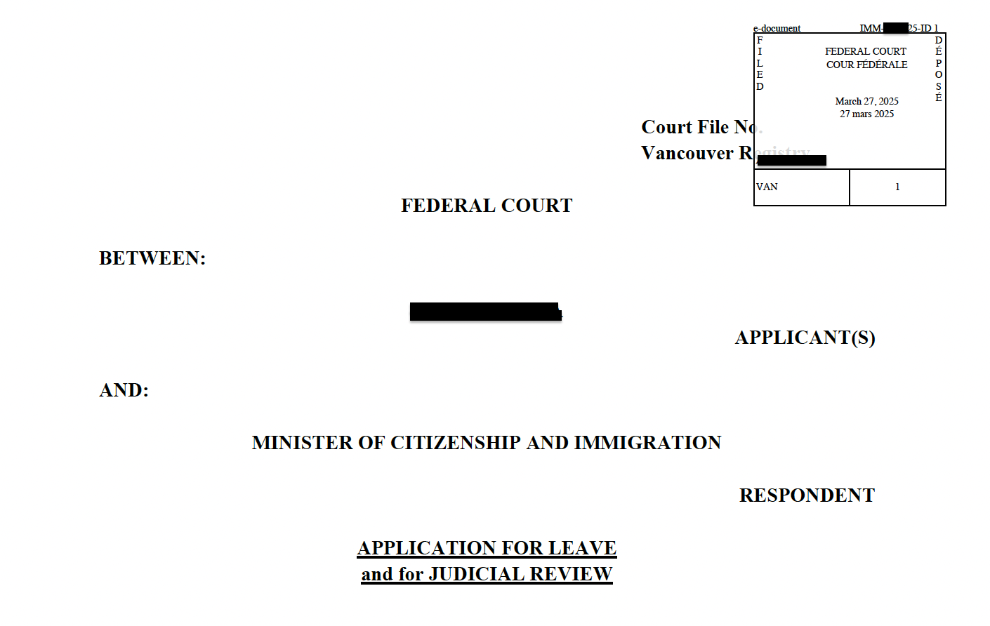 Federal Court application for leave and judicial review filing document