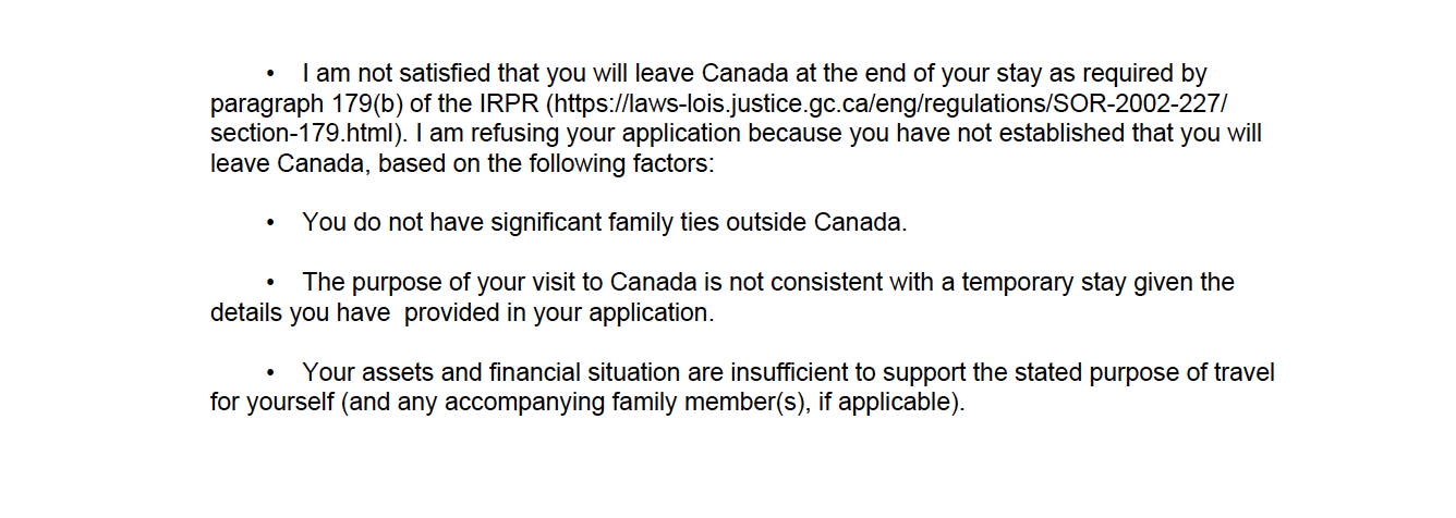 Visitor visa refusal reasons — family ties concern
