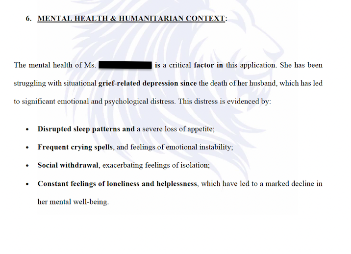 Humanitarian evidence outlining mental health impacts after spouse’s death