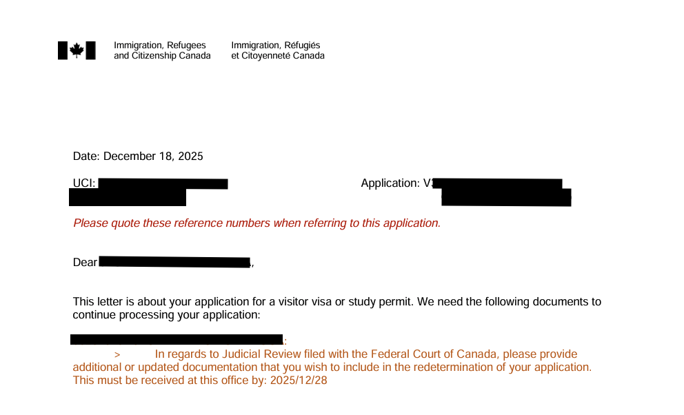 IRCC request for additional documents after Federal Court judicial review in visitor visa case