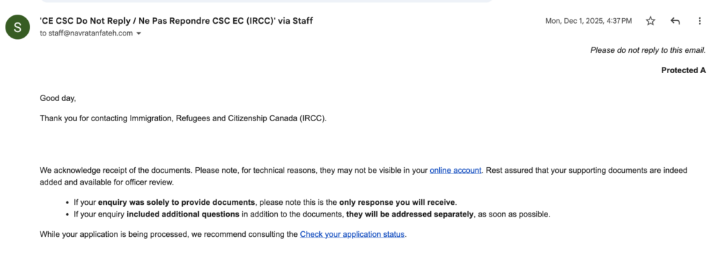 IRCC confirmation acknowledging receipt of documents and advising they may not appear in the online account