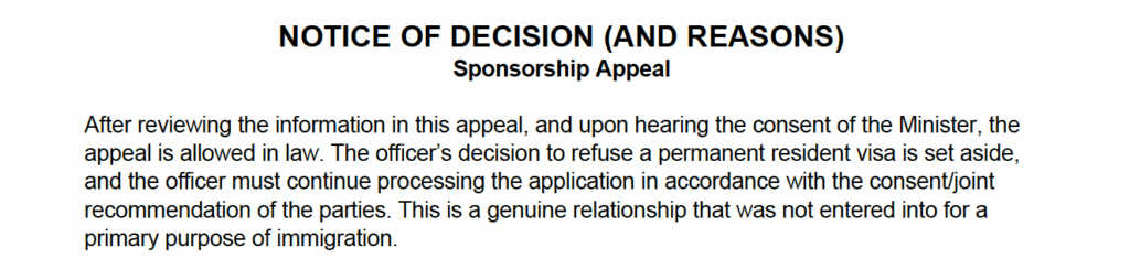 Immigration Appeal Division decision allowing spousal sponsorship appeal under IRPR section 4