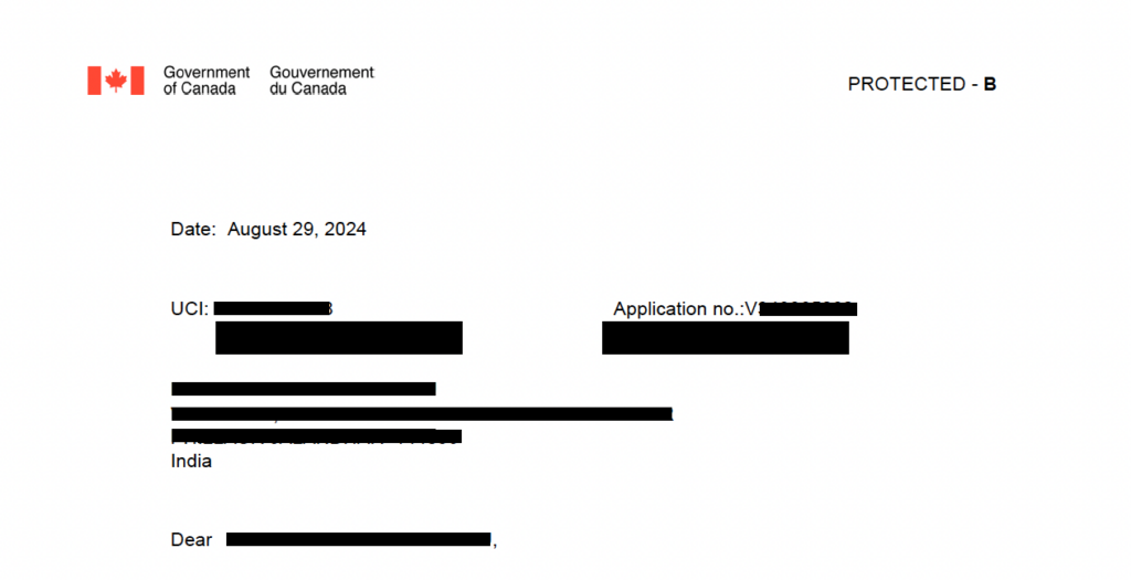 Canadian immigration refusal letter issued by Government of Canada showing application details and decision date