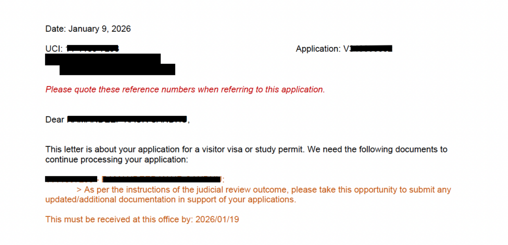 IRCC letter reopening immigration file after judicial review and requesting additional documents