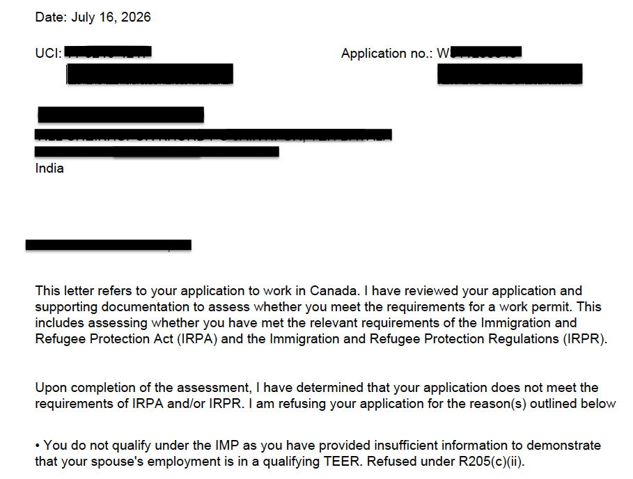 IRCC spousal open work permit refusal letter dated July 16, 2026