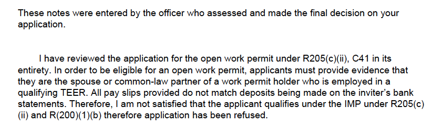 IRCC officer decision notes for C41 spousal open work permit refusal